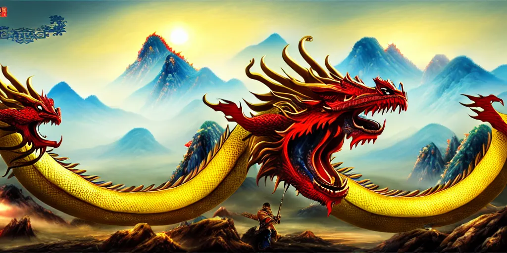 Image similar to Chinese president, bananas weapon, battle, dragon, centered, highly detailed, mountains, epic composition, background, fantasy art, oil painting, 8k