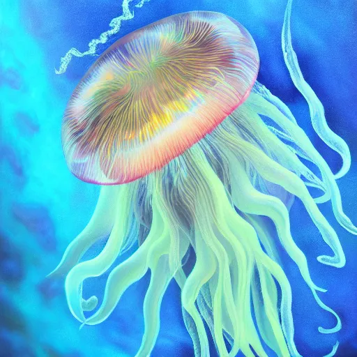 Image similar to furry jellyfish creature in magical realism luminescent airbrush underwater mystical world detailed painting 4 k