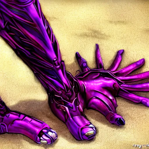 Image similar to very close up foot shot, detailed foot shot, hyperdetailed elegant beautiful stunning anthropomorphic hot mecha female dragon showing detailed sharp dragon claws close to camera, laying on beach, soft pads, sharp silver armor, fuchsia skin, feet art, warframe destiny fanart, feet art, dragon paws, furaffinity, deviantart, octane, ekasportal