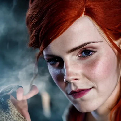 Image similar to Triss Merigold cosplay by Emma Watson, 8k, professional photography, cinematic studio shot, dark, smoke