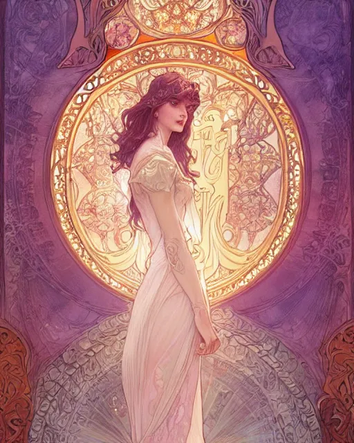 Prompt: ghost, highly detailed, very intricate, art nouveau, gold filigree, romantic storybook fantasy, soft cinematic lighting, award - winning, disney concept art watercolor illustration by mandy jurgens and alphonse mucha and alena aenami, pastel color palette, featured on artstation