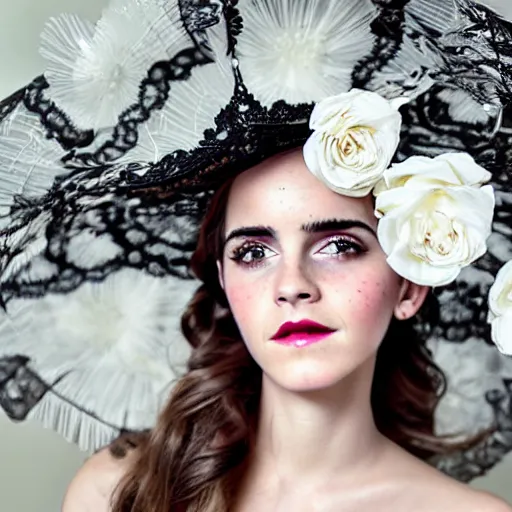 Image similar to big eyes full body fashion model emma watson smokey eyes makeup eye shadow textured film grain fantasy, glow, shimmer as victorian woman in a long white frilly lace dress and a large white hat having tea in a sunroom filled with flowers, roses and lush fern flowers ,intricate, night, highly detailed, dramatic lighting , high quality