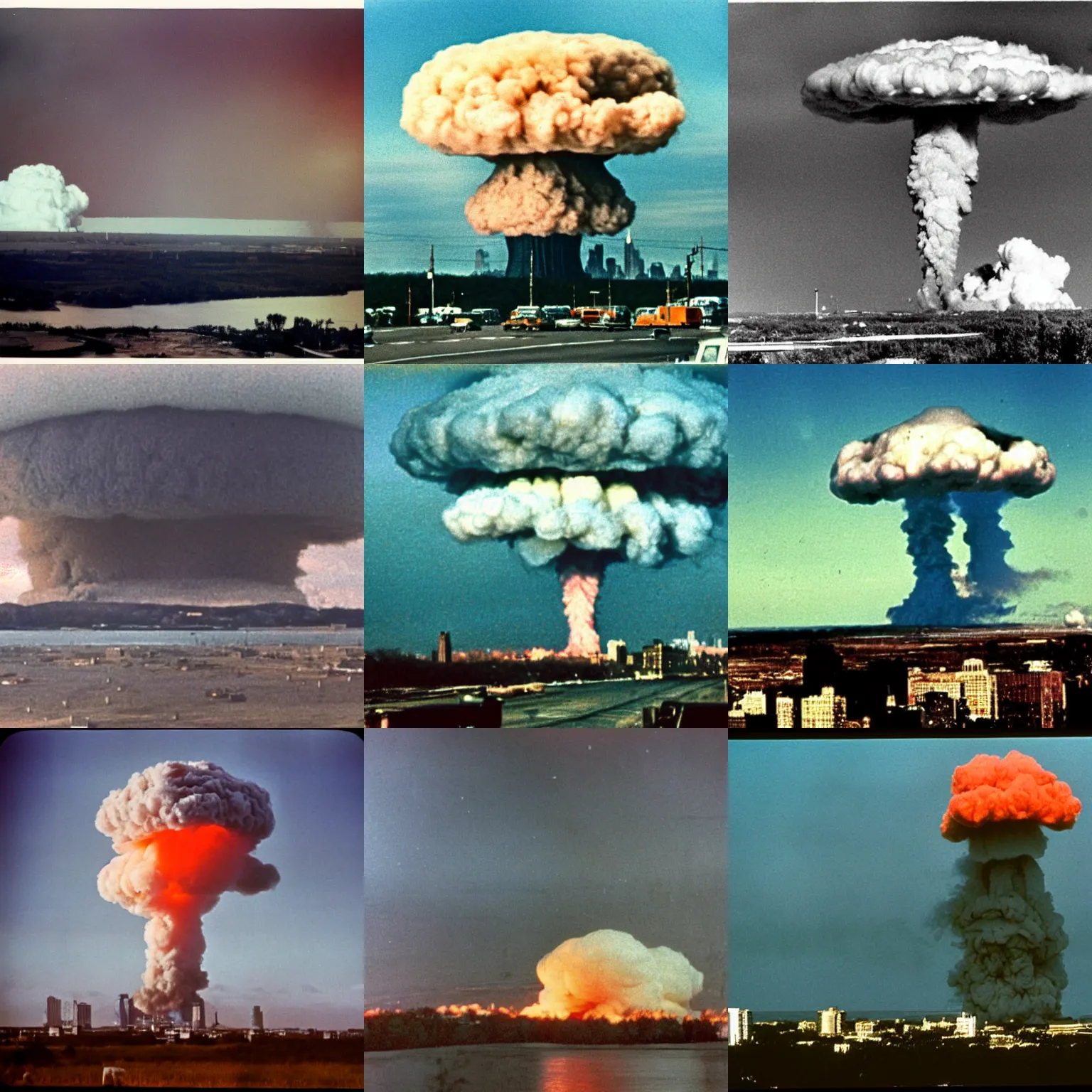 Prompt: color photograph of distant mushroom cloud nuclear test in manhattan 1964