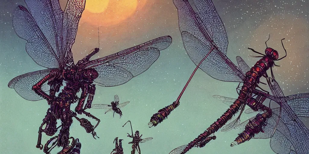 Prompt: dramatic angle on stylised giant dragonfly with few element of cyberpunk armor attacking very tiny dark creatures in fantasy jungle, by moebius!!!!, victo ngai!!!!, cinematic view!!!, dynamic lighting, night mood!!!!