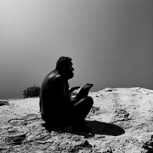 Image similar to “photo an homo Neanderthal watching his iPhone , photojournalism, National Geographic style”