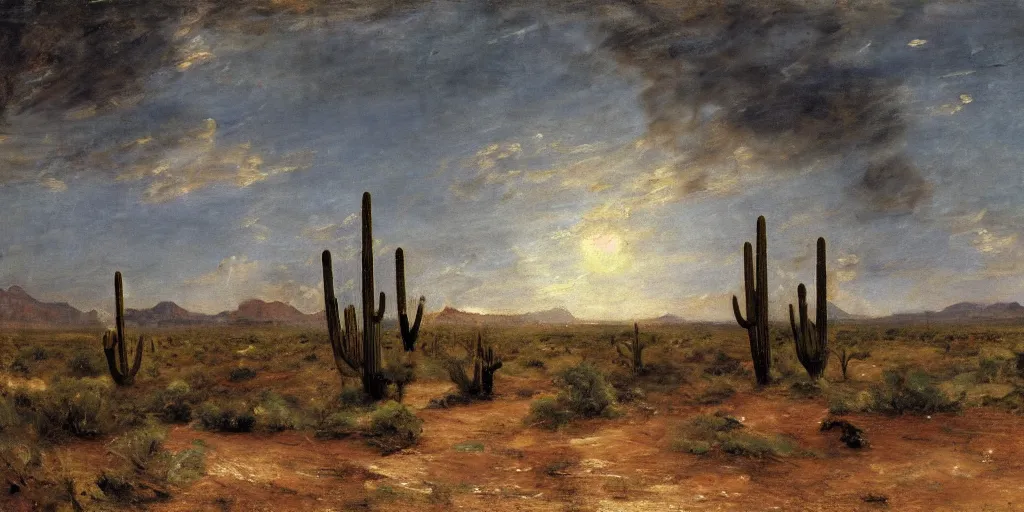 Prompt: Arizona desert, the passage of time, Oil Paint, Beautiful Lighting, by John Constable