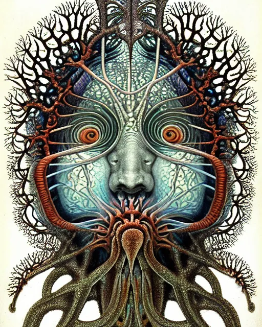 Image similar to realistic detailed underwater face portrait of the beautiful young god of the fish of the fractal waters with an intricate headgear of corals, sea kelp, sea plants, fish, starfish, jellyfish, art by ernst haeckel, zdzisław beksinski, hieronymus bosch, gothic, neo - gothic, ornamental, beautiful deep colours,