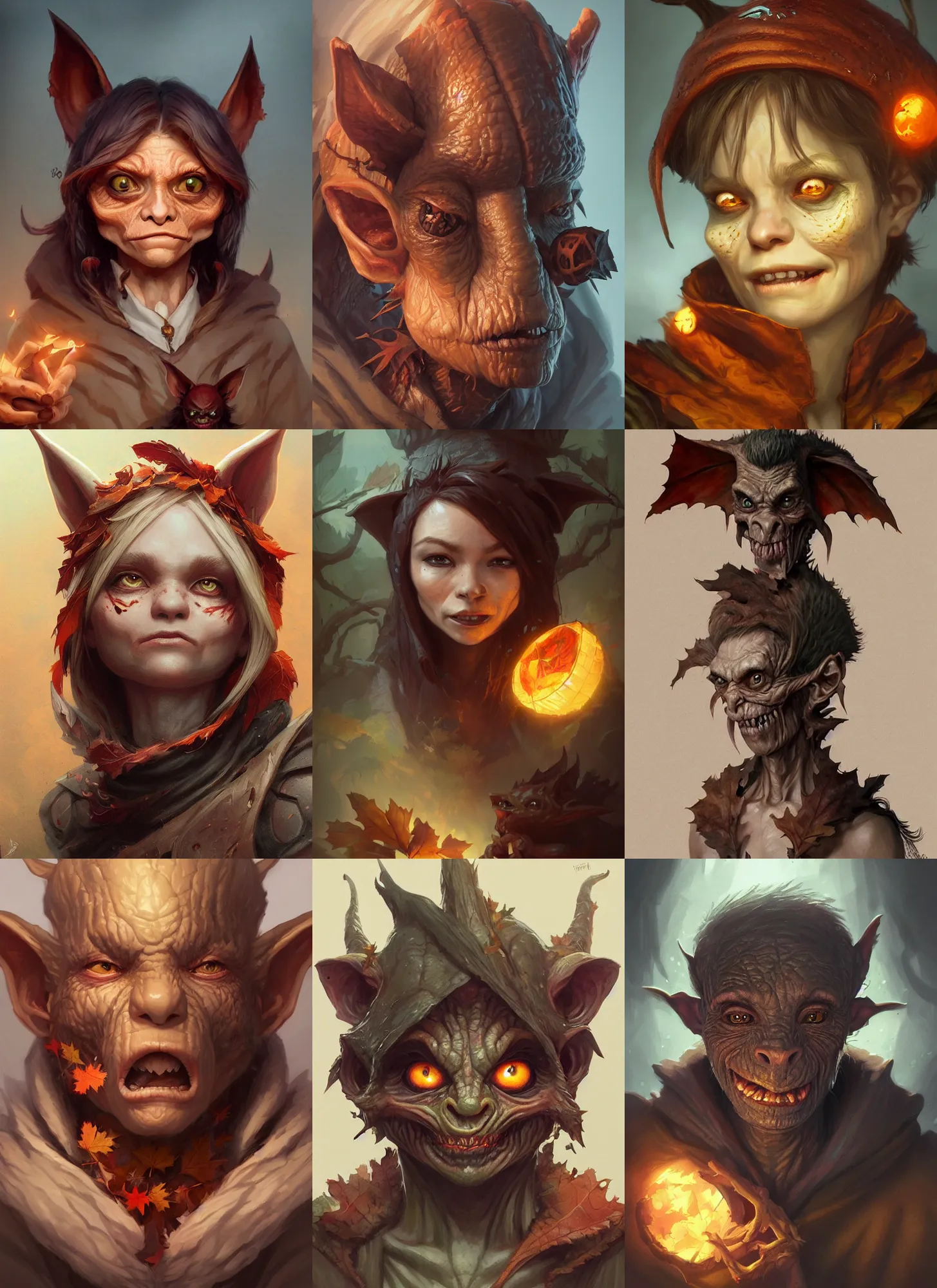 Prompt: cute autumnal goblin, d & d, fantasy, portrait, highly detailed, digital painting, trending on artstation, concept art, sharp focus, illustration, art by artgerm and greg rutkowski and magali villeneuve