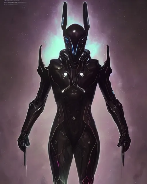 Image similar to iridescent sinewy smooth muscular male warframe sleek glossy black pearlescent scifi armor with smooth black featureless helmet, by greg rutkowski, mark brookes, jim burns, tom bagshaw, magali villeneuve, trending on artstation