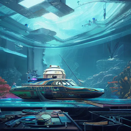 Image similar to underwater spy facility, grand obsessive compendium. intricate artwork, by tooth wu, wlop, beeple, dan mumford. concept art, octane render, trending on artstation, greg rutkowski very coherent symmetrical artwork. key art, high detail, octane render, 8 k, iridescent accents