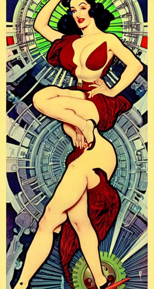 Image similar to a retro future science fiction pinup illustration of dita von teese, alphonse mucha, alberto vargas, gil elvgren, diesel punk.