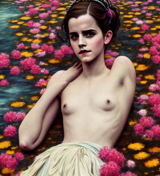 Prompt: emma watson baroque portrait of one steampunk bohemian geisha woman of porceline skin lying down in a river made of thousand of flowers, cinematic lighting, photorealistic, octane render, 8 k, depth of field, art by artgerm and greg rutkowski and alphonse mucha and uang guangjian