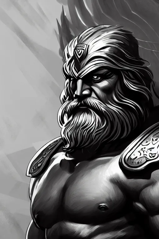Image similar to The God Zeus looking angry, detailed armor, portrait, highly detailed, digital painting, artstation, concept art, smooth, sharp focus, beautiful face, symmetric face, cinematic, videogame cover art, illustration, art by Hergé