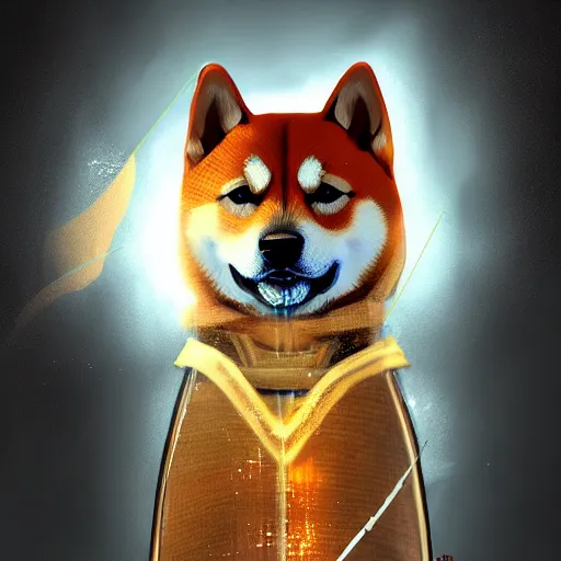 Prompt: a portrait of a shiba dog in glass armor releasing spell, full height, moving forward, concept art, trending on artstation, highly detailed, intricate, sharp focus, digital art, 8 k