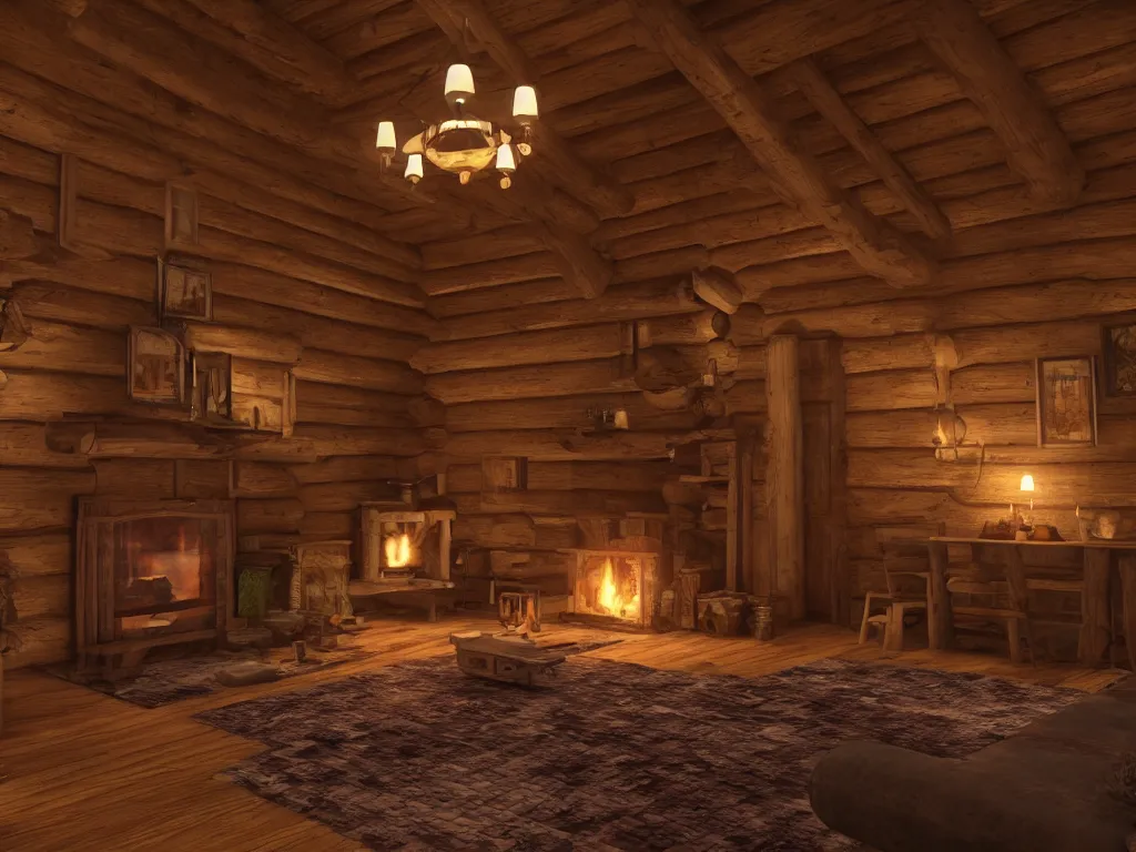 Image similar to Log cabin interior on stormy night, warm fireplace, hdr, ue5, unreal engine 5, cinematic 4k wallpaper, ultra detailed, high resolution, artstation, award winning.