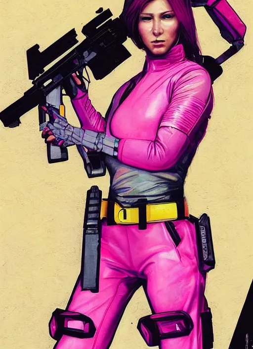 Image similar to beautiful cyberpunk female athlete wearing pink jumpsuit and firing a futuristic yellow belt fed automatic pistol. advertisement for pistol. cyberpunk ad poster by james gurney, azamat khairov, and alphonso mucha. artstationhq. gorgeous face. painting with vivid color, cell shading. buy now! ( rb 6 s, cyberpunk 2 0 7 7 )