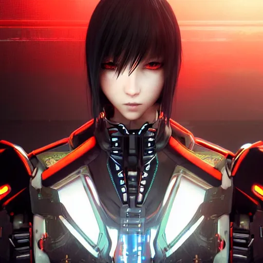 Prompt: video game final fantasy Vll style cg portrait of a cyberpunk warrior girl wearing black & reddish mecha cyber suit, symmetrical face and wardrobe by WLOP from artstaion, on rooftop Tokyo night, dramatic light, rim light, blurry background, unreal engine render, octane render, hyperrealism -n 4 -i