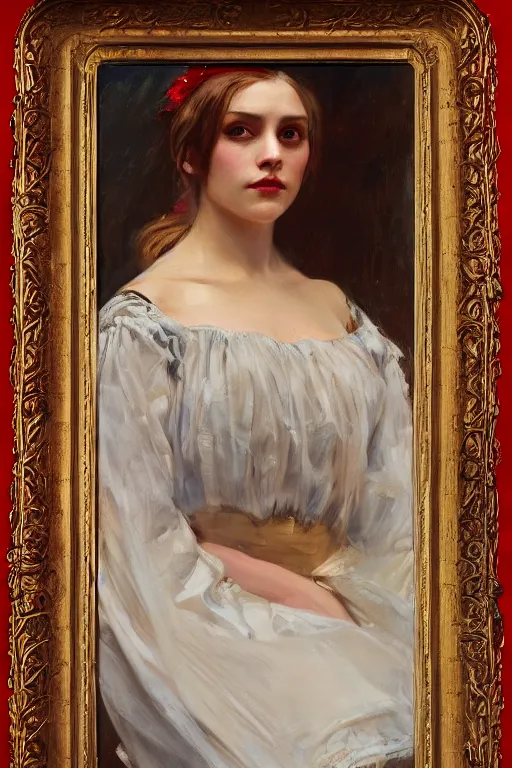 Image similar to Solomon Joseph Solomon and Richard Schmid and Jeremy Lipking victorian genre painting full length portrait painting of a young beautiful woman traditional german barmaid in fantasy costume, red background