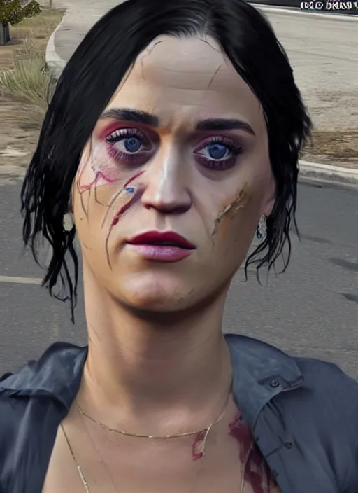 Image similar to Homeless portrait of bruised Katy Perry in scrappy clothing, in GTA V, Stephen Bliss