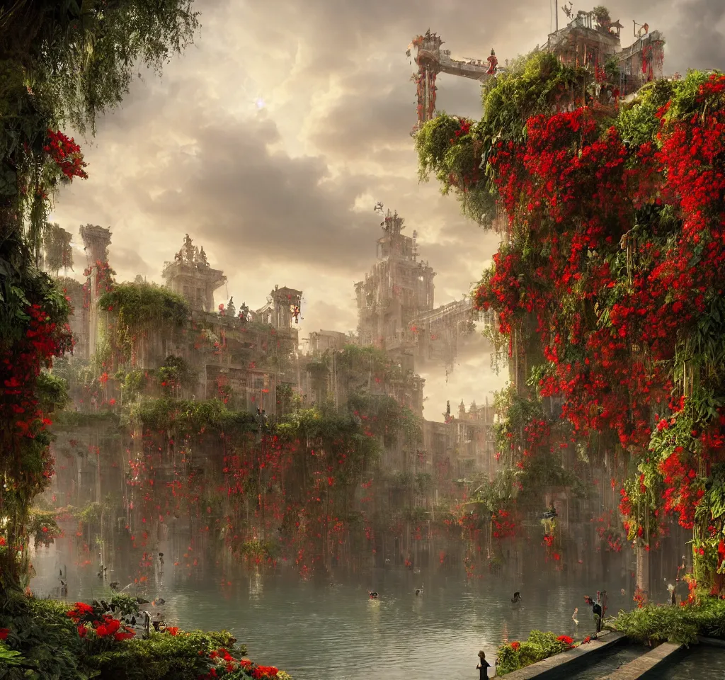 Prompt: 3 d render of the hanging gardens of babylon by greg rutkowski, victorian castle, red flowers, reflective water, cranes, cg society, hyper detailed, dramatic, epic painting, sunset clouds, 8 k