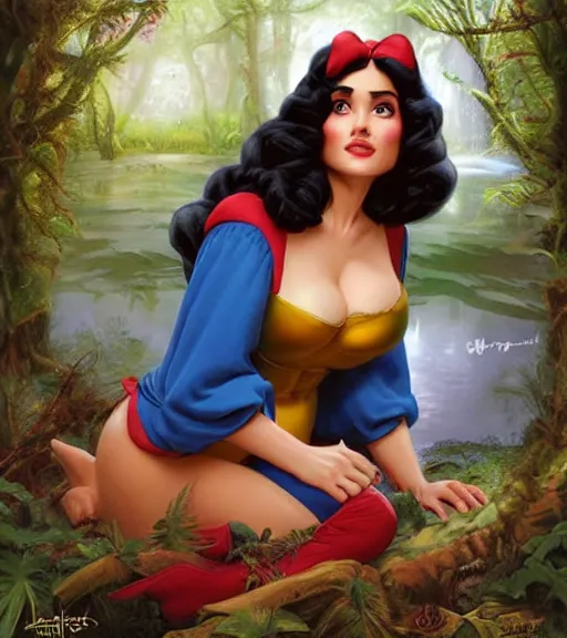 Image similar to Disney art of Salma Hayek as snow white in a forest on a frog pond, by artgerm, makoto sinkai, magali villeneuve, Gil Elvgren, Earl Moran,Enoch Bolles, symmetrical,