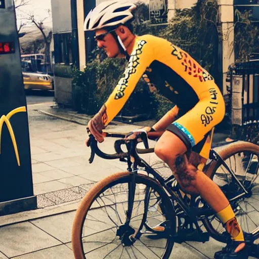 Prompt: cyclist in mcdonalds toilet eating donuts and drinking yerba mate