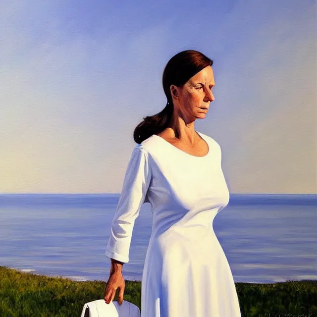 Prompt: a painting of a woman in a white dress, a photorealistic painting by julio larraz, trending on cg society, figurative art, hyper realism, oil on canvas, detailed painting