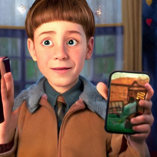 Image similar to the kid from polar express holding out his phone