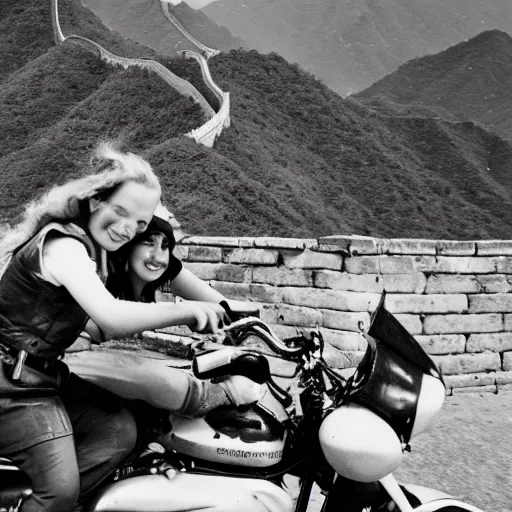 Prompt: a historical black and white photograph of two girls on a Harley Davidson motorbike driving fast over the Great Wall of China