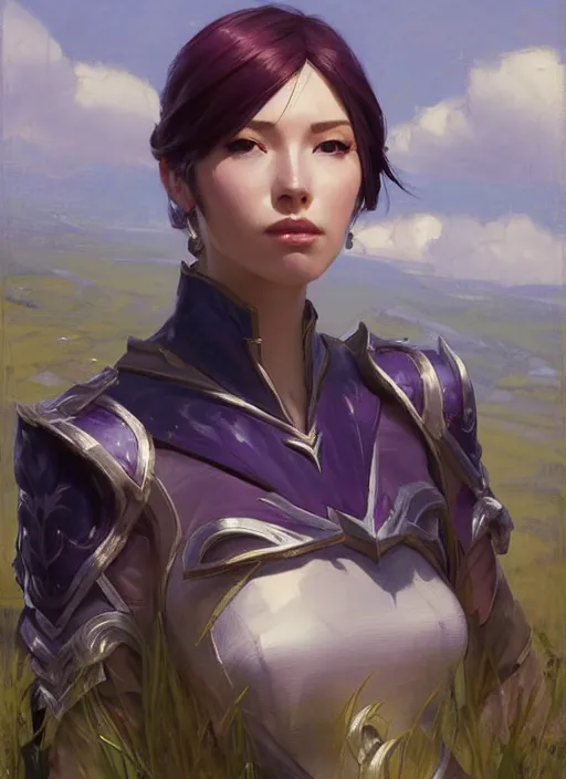 Prompt: portrait of Fiora from League of Legends after work, countryside, calm, fantasy character portrait, dynamic pose, above view, view from above, sunny day, thunder clouds in the sky, artwork by Jeremy Lipkin and Giuseppe Dangelico Pino and Michael Garmash and Rob Rey, very coherent symmetrical artwork, sharp edges, perfect face, simple form, 100mm