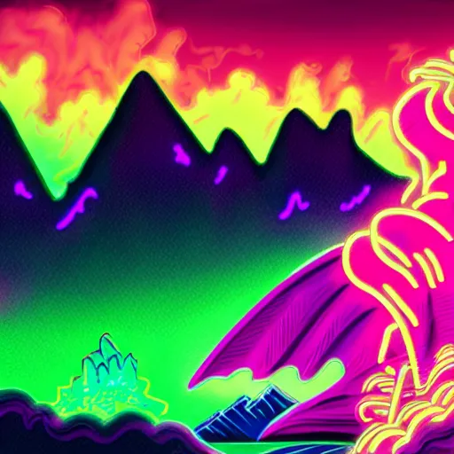 Image similar to synthwave dragon breathing neon green fire and purple eyes with mountains in background and stormy clouds