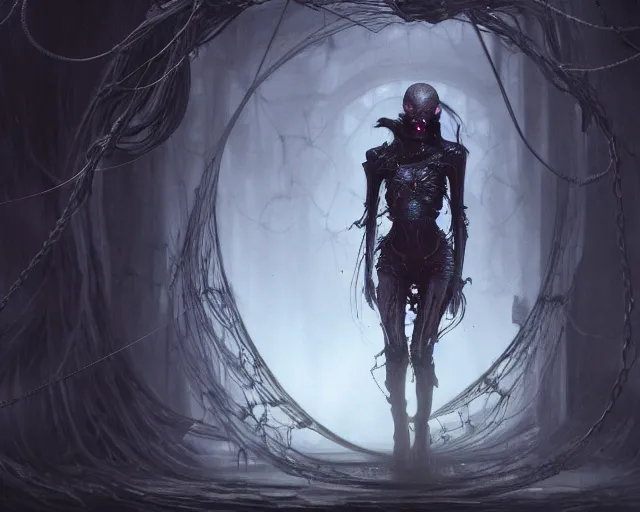 Image similar to a 4 k cinematic screenshot still portrait of a ghoul in a dark liminal space room surrounded by spider webs, deep focus, d & d, fantasy, intricate, elegant, highly detailed, digital painting, art station, concept art, matte, sharp focus, illustration, dark fantasy style art, hearthstone, art by artgerm and greg rutkowski and alphonse mucha