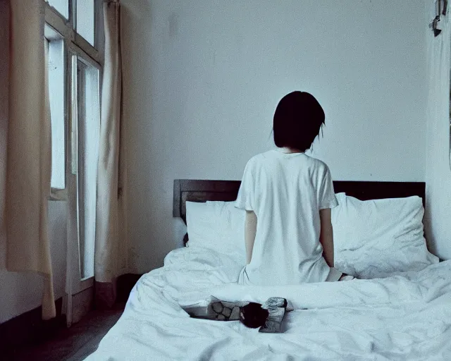 Image similar to a film still of lone anime girl in white tshirt is sitting on poor bed in pale colors room in dark russian flat, perfect faces, fine details, anime, cinestill