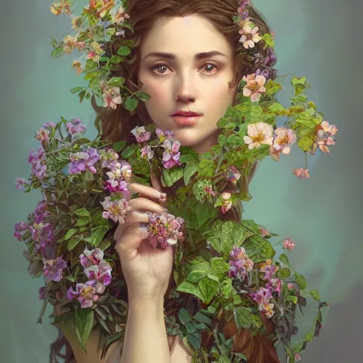 Image similar to A gorgeous young woman plant hybrid, vine and plants and flowers, intricate, digital painting, highly detailed, concept art, Artstation, Cgsociety, Artgerm, Alphonse Mucha, Wlop