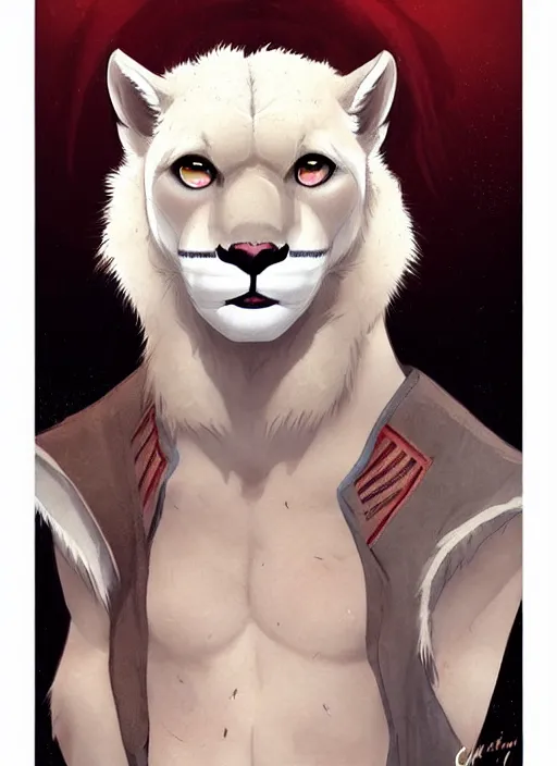 Prompt: beautiful portrait commission of a male furry anthro albino mountain lion with dark red eyes wearing miner's clothes in the year 1915. Atmospheric. Character design by charlie bowater, ross tran, artgerm, and makoto shinkai, detailed, inked, western comic book art