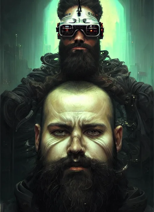 Image similar to portrait of a cyberpunk bearded king, grim - lighting, high - contrast, intricate, elegant, highly detailed, centered, digital painting, artstation, concept art, smooth, sharp focus, illustration, artgerm, tomasz alen kopera, peter mohrbacher, donato giancola, joseph christian leyendecker, wlop, boris vallejo