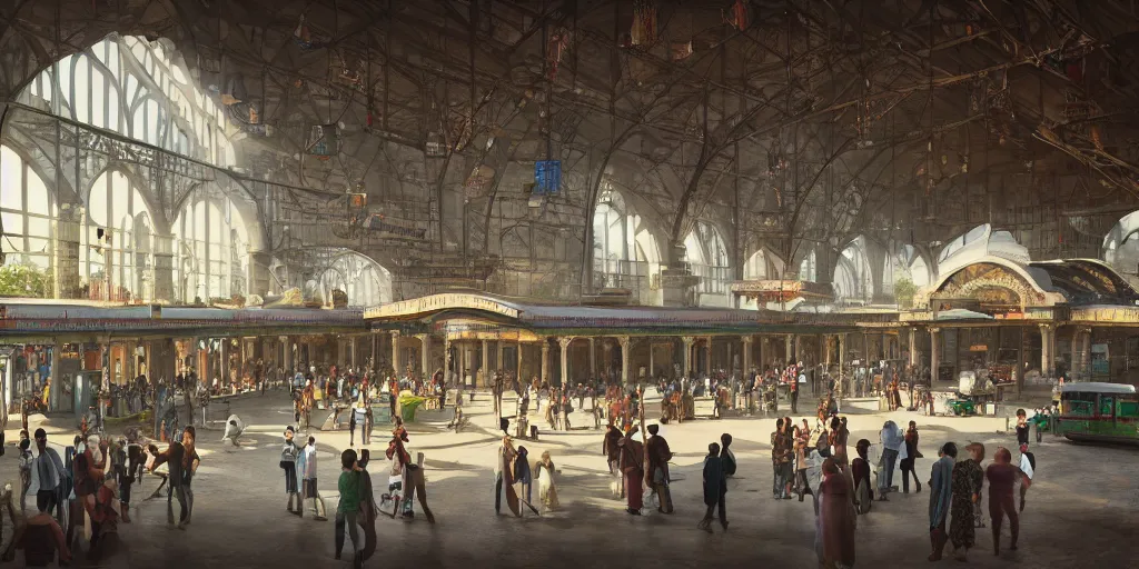 Prompt: cinematic movie scene, establishing shot, precise architectural rendering, interior of british era india railway station, bustling with people and, emerald, crystalline, detailed illustration, sharp focus, concept art, unreal engine, octane render, god rays, aesthetic