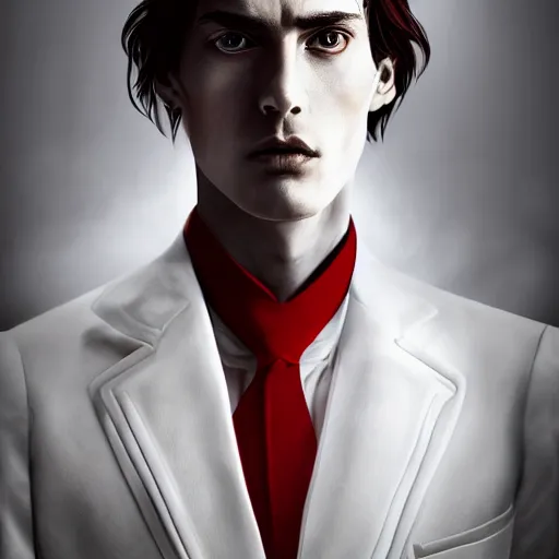 Image similar to portrait of a regal prince with sharp cheekbones, white clothes, high collar, close up, wistful melancholic hopeful expression, super details, angry people behind him furious and red, modern digital art, matte painting, science fiction