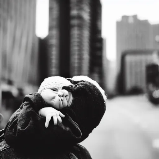 Prompt: a dark silhouette holding a baby at an urban area