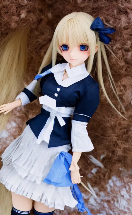 Prompt: dollfie in school uniform, blonde hair, blue eyes, black skirt and white blouse