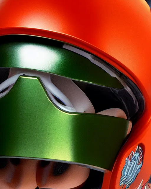 Image similar to helmet portrait of a figurine of samus aran's varia power suit from the sci - fi nintendo videogame metroid. designed by hiroji kiyotake. glossy. red round helmet, orange shoulder pads, green visor. shallow depth of field. suit of armor.