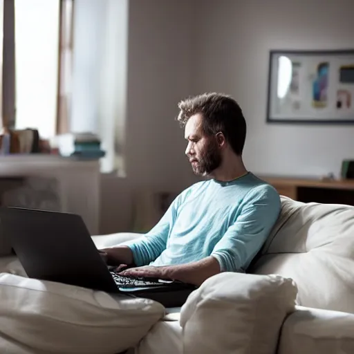 Image similar to Man alone on his computer in the living room of his apartment at night