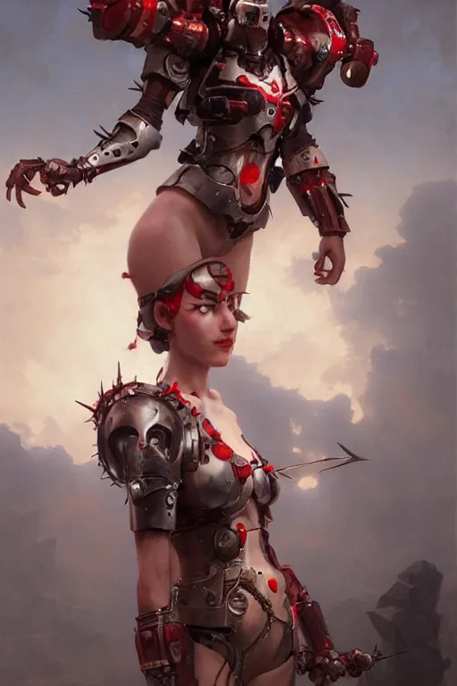 Image similar to Portrait of beautiful pale smiling cyborg maiden in bikini armor with crown of thorns and glowing red eyes, steampunc, Warhammer 40000, digital art from artstation by Ruan Jia and Mandy Jurgens and Artgerm and william-adolphe bouguereau