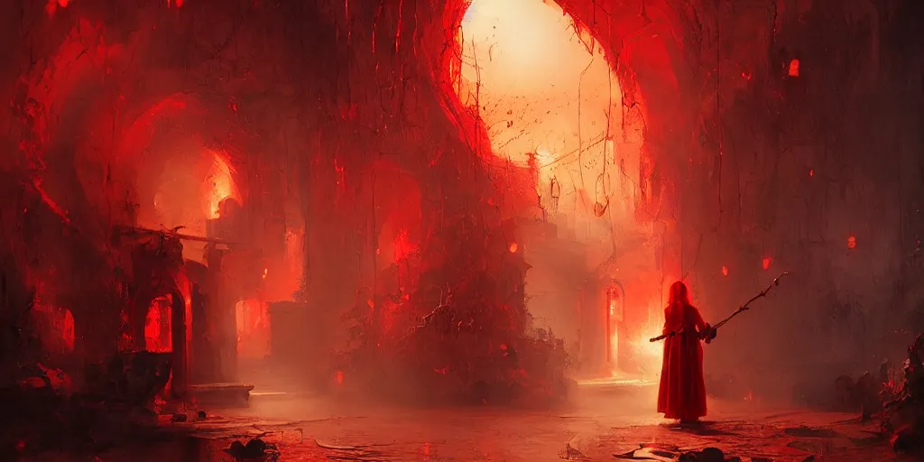 Prompt: woman in red opening a portal to hell in a village, beautiful composition, wide angle, colorful, cinematic, volumetric lighting, intricate details painting, by art germ, by greg rutkowski