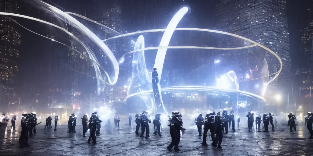 Image similar to policemen protecting a huge spiral - shaped bright white luminous attractor right in the center of the city from protesting people,, rain and light fog, professional lighting, concept art in 3 d, high detail, professional lighting, unreal engine