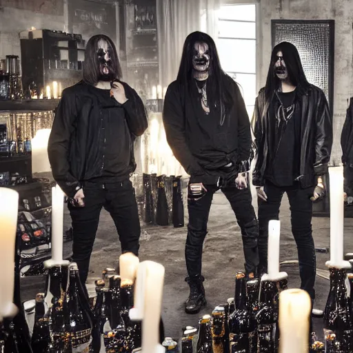 Image similar to swedish black metal band with bright 5 l bottle of beer, all black cyberpunk clothes, futuristic, realistic, promo photograph, epk, in a room full of candles, high quality, highly detailed