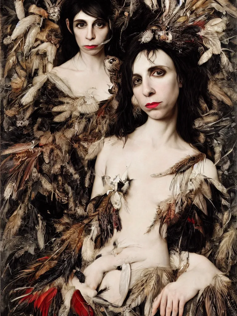 Prompt: Detailed maximalist stunning portrait of PJ Harvey with cracked porcelain skin, dark doe eyes, feathers and milks, HD mixed media, 3D collage, highly detailed and intricate, masterpiece, award-winning, surreal illustration in the style of Caravaggio, dark art, baroque