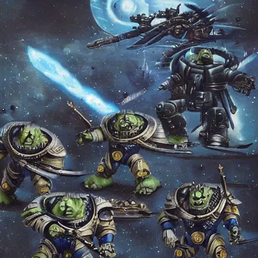 Image similar to Astartes are fighting against space orcs, huge armies, epic battle, a bunch of explosions, bullet tracers, Astartes are very well detailed, orcs are very well detailed, Photo style retro futurism art