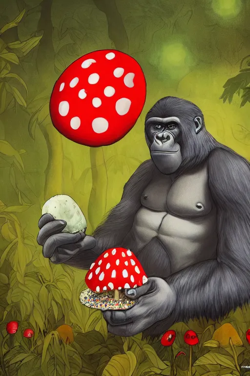 Image similar to gorilla holding an amanita muscaria, by alba ballesta gonzalez and moebius. 4 k wallpaper, digital flat 2 d, japan animation, comic book, illustration, cinematic lighting, smooth sharp focus very detailed, highly intricate