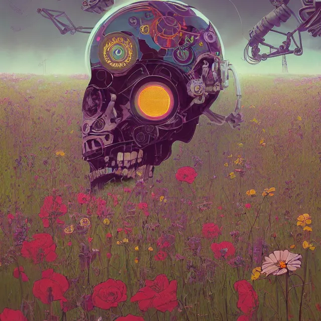 Prompt: a beautiful portrait painting of a ( ( ( cyberpunk ) ) ) robot skull in a field of flowers by simon stalenhag and pascal blanche and alphonse mucha!! and nekro. in style of digital art. colorful comic, film noirs, symmetry, brush stroke, vibrating colors, hyper detailed. octane render. trending on artstation